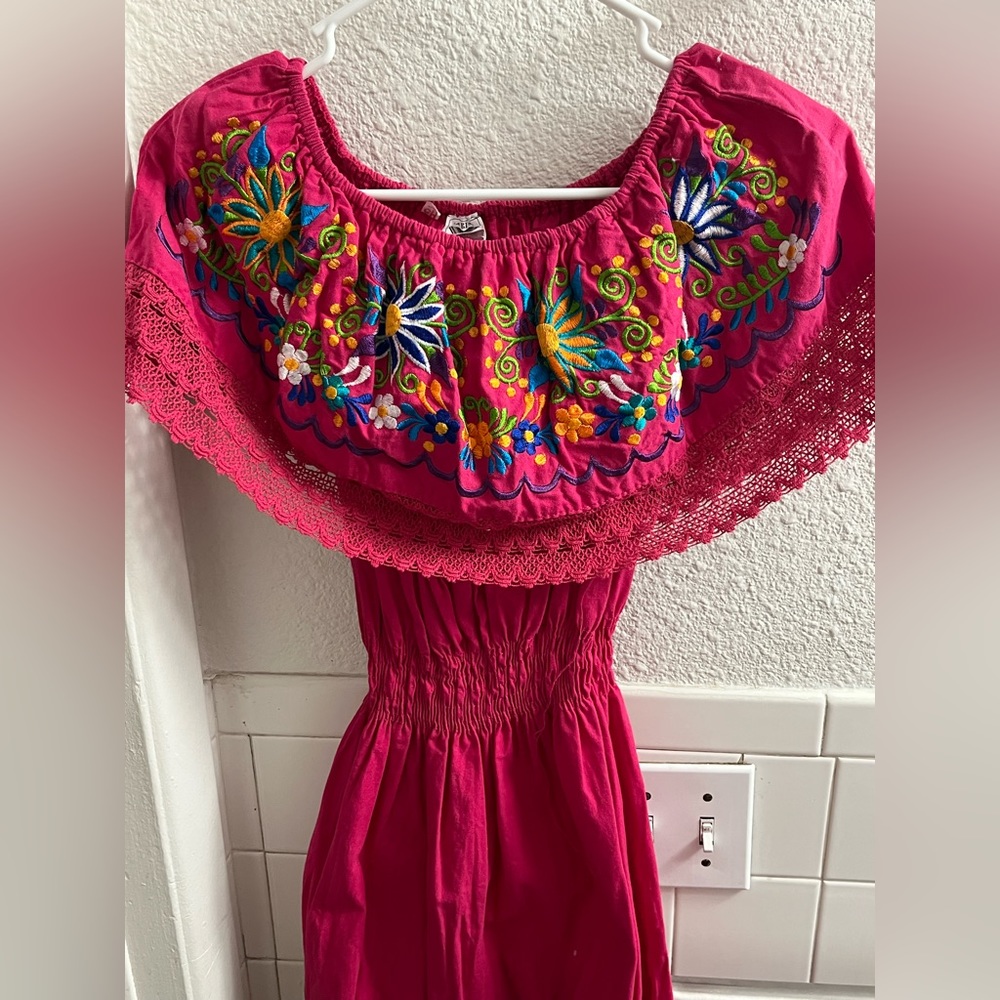 Mexican fiesta dress Pink with Flowers